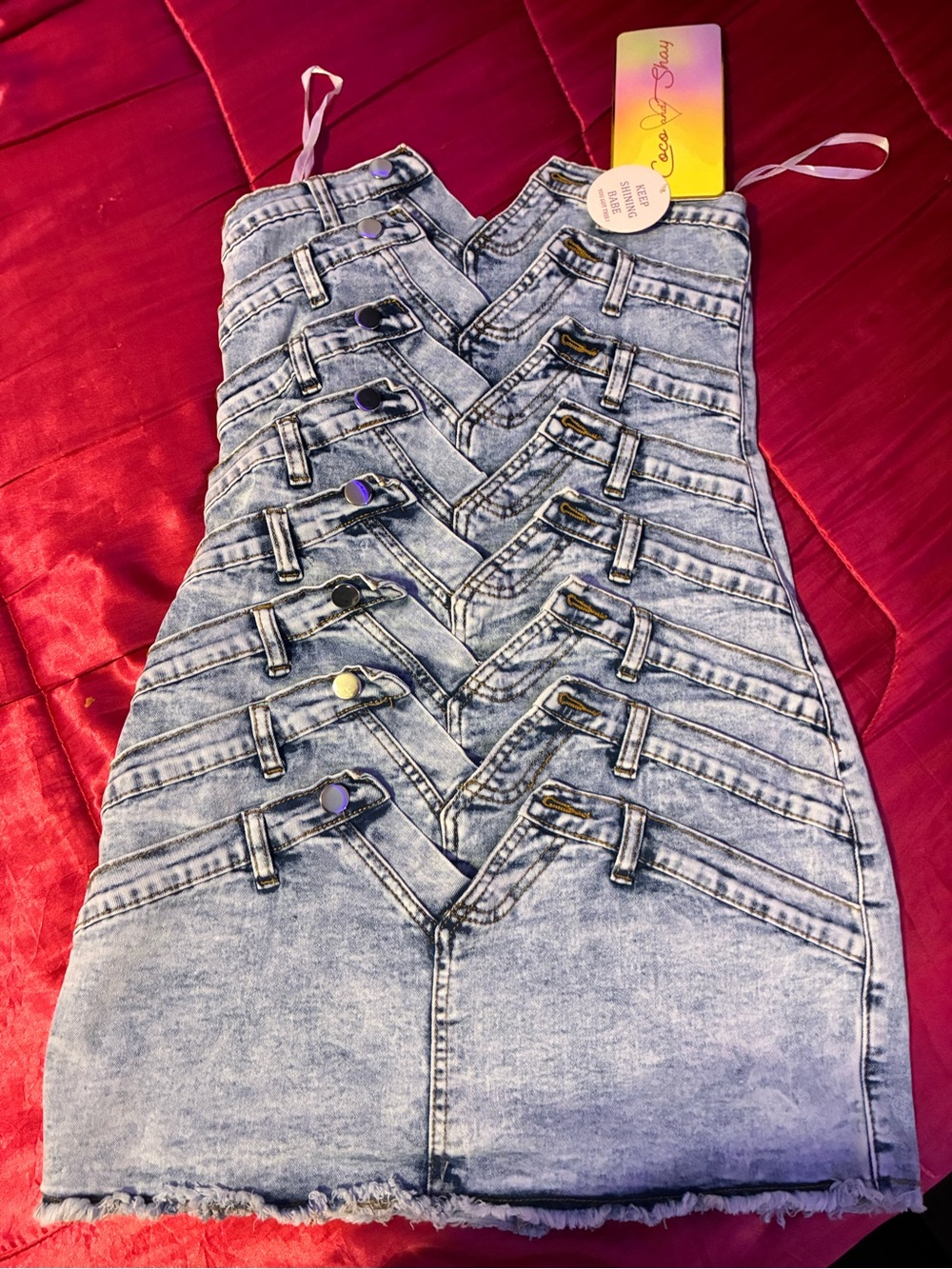 Acid Wash Denim Mini Dress with V-Panel Detail - Light Blue